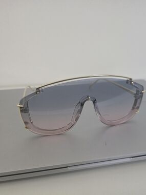 New Oversized Gradient Blue-Pink Shield Sunglasses with Gold Frame